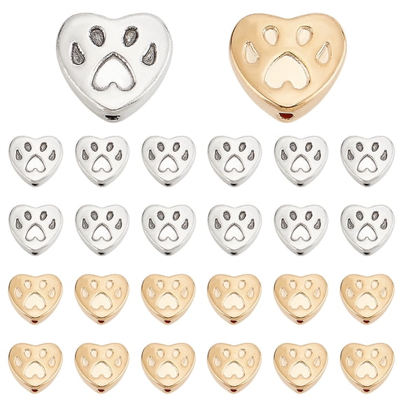 80pcs 2 colors Tibetan style Alloy Beads Heart with Dog Paw Silver & Golden 11x11.5x3.5mm Hole: 1.6mm 40pcs/color