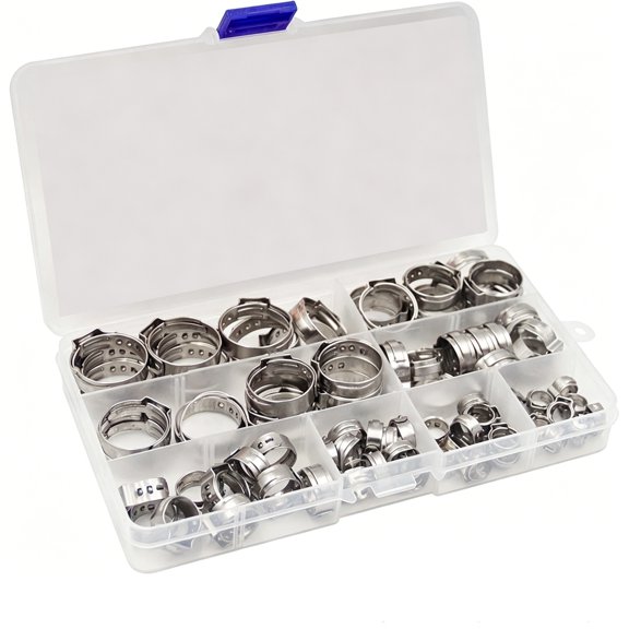 80pcs 304 Stainless Steel Stepless Single Ear Clamp Set for Pipe Diameter 6-23.5mm