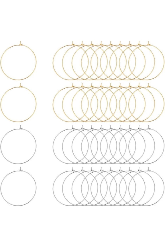 80pcs 35mm 2 Colors Ear Wine Glass Rings 304 Stainless Steel Beading Hoop Earring Findings DIY Round Earring for Jewelry Making DIY Golden & Stainless Steel Color