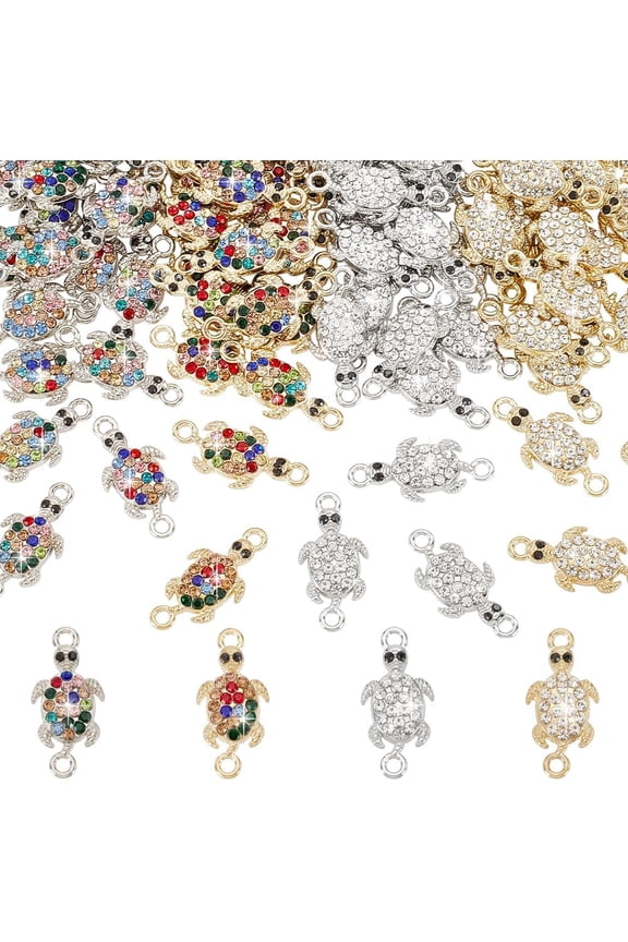 80pcs 4 Colors Turtle Charm Connectors Alloy Rhinestone Tortoise Links Sea Turtle Pendant Charms Double Loops Animal Pendant Ocean Beads