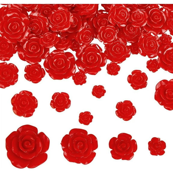 80pcs 4 Sizes Resin Rose Cabochons Red Rose Cabochon Opaque Flower Flatback Cabochons Undrilled Flower Beads for Jewelry Making Scrapbooking Hair Clip Crafts 22/18/14.5/9.5mm