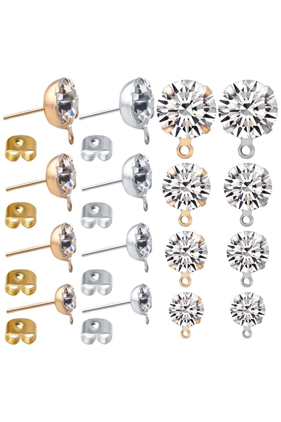 80pcs 4 Sizes Rhinestone Hypoallergenic Earring Posts Stud Earrings with Loop and 80pcs Butterfly Ear Back Earrings for DIY Earring Jewelry Making Findings