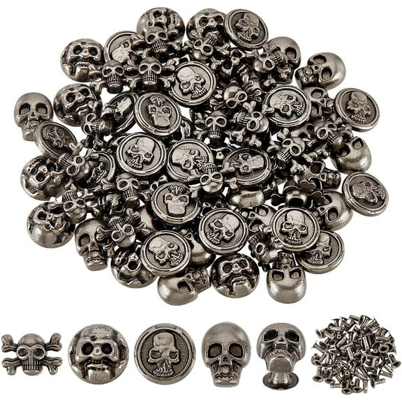 80pcs 4 Styles Skull Head Rivets Studs Decorative Rivet Studs Buttons Spike Studs Skull Head Skeleton Ghost Rivet for Leather Bracelets Bags Belts Making Antique Silver
