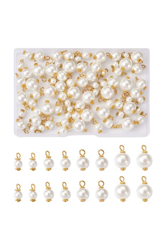 80pcs 4 style Eco-Friendly Dyed Glass Pearl Pendants with Alloy Daisy Spacer Beads and Iron Flat Head Pins Round Charms Golden White 12.5-19x6-12mm
