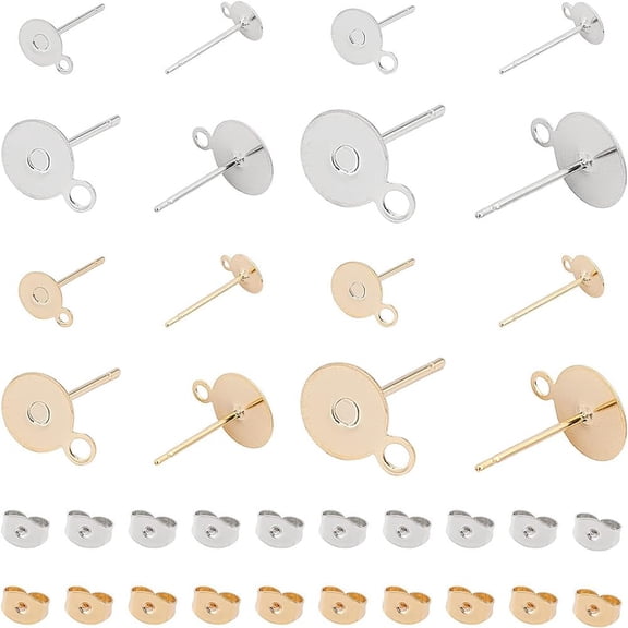 80pcs 5/6/8/10mm Hypoallergenic Flat Round Earring Post Stainless Steel Earring Findings with 80pcs Ear Nuts 0.8mm Pin Earring Component Golden and