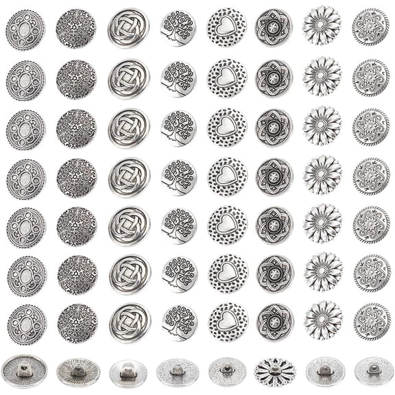 80pcs 8 Style Metal Shank Buttons 15 18mm Engraved Button Antique Silver Metal Button with Shank Retro Alloy Decorative Buttons for Costumes Sewing DIY Crafts Crochet Ornament