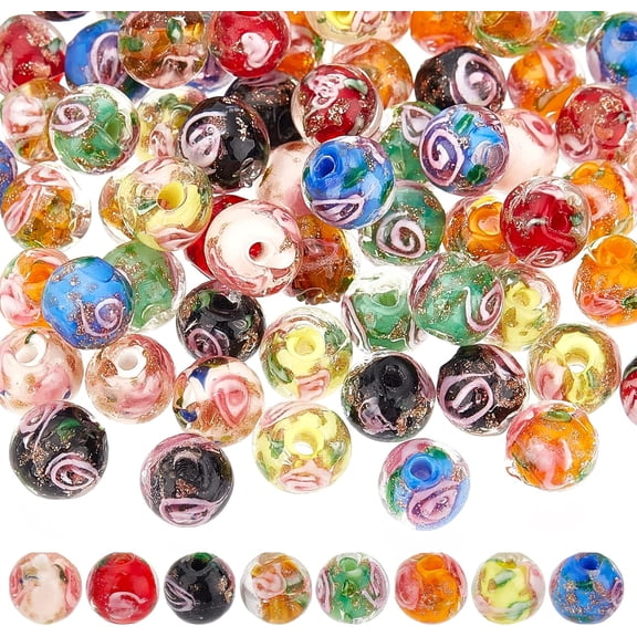 80pcs 8mm Gold Sand Lampwork Beads Glass Handmade Inner Flower Loose Beads Round Spacer Beads