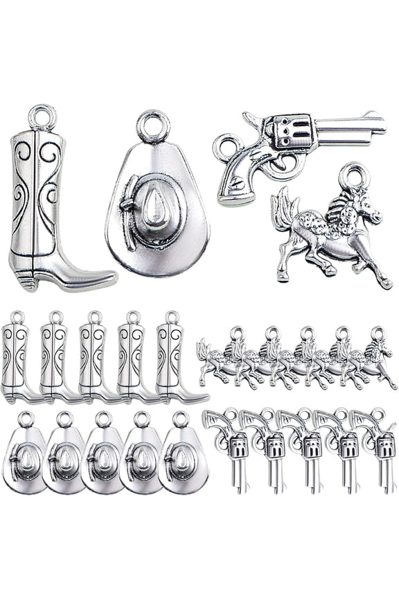 80pcs Antique Silver Western Cowboy Theme Charms Vintage Alloy Mixed Western Horse Boot Gun Pendants Charms for DIY Bracelet Necklace Earrings Jewelry Making, 4 Styles