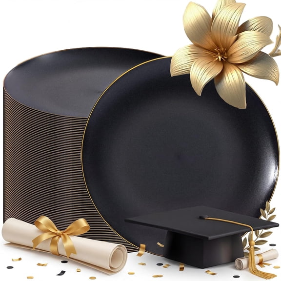 80pcs Black and Gold Disposable Dinner Plates 10.25 Inch Plastic Party Plates with Gold Rim Matte Heavy Duty Elegant Tableware for Wedding Graduation Events