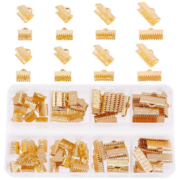 80pcs Brass Ribbon Crimp Ends 4 Sizes Belt Buckle End Tip Golden Crimp End Fasteners Clasp Leather Crimp Ends DIY