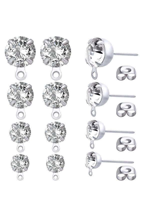 80pcs Butterfly Earring Backs and 80pcs Silver  Rhinestone Earrings Posts with Loop Hypoallergenic Metal Earrings Studs for DIY Dangle Earrings Design Jewelry Making,  4mm/5mm/6mm/8mm