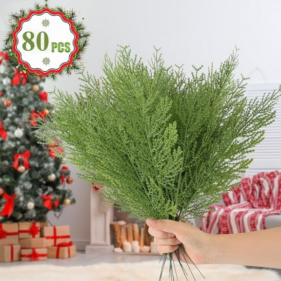 80pcs Christmas Artificial Norfolk Cedar Sprigs,Faux Cedar Spray Greenery Stems Christmas Pine Branch for Holiday Xmas DIY Crafts Decor