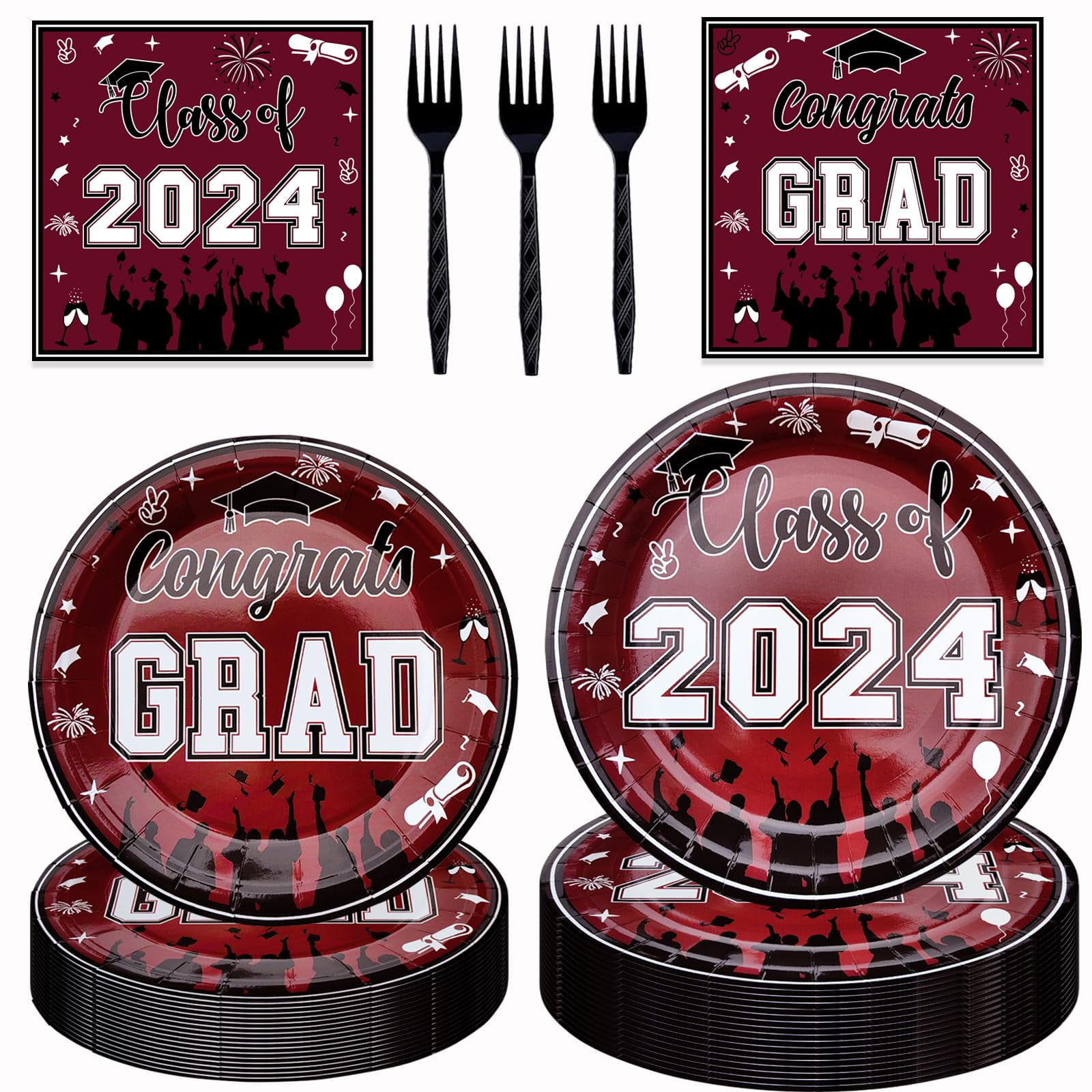 80pcs Class of 2024 Party Plates, Maroon 2024 Graduation Dessert Plates