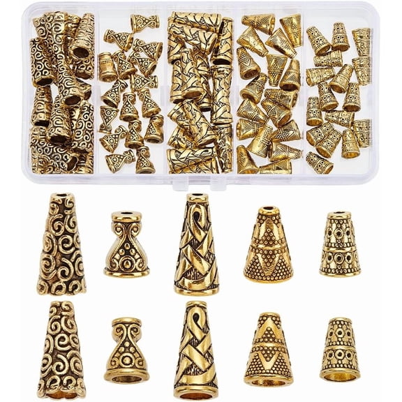 80pcs Cone Bead Caps Antique Golden Bead Caps 5 Styles Tibetan Style Alloy Spacers Bead Caps Tassel End Cap for Earring Necklaces Keychain Pendants Jewelry Making DIY Crafts