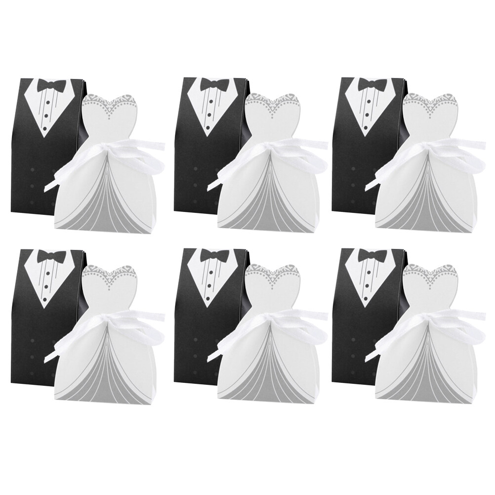 80pcs Creative European Style Candy Box Bridal and Groom Dress Shape Wedding  Gift Box Fashion Sweet Packing Case with 40pcs Ribbon for Wedding Party  (40pcs Groom Suit and 40pcs Bridal Dress Design) -, image size:1002x1002