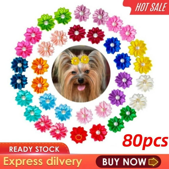 80pcs Dog Flower Bows, Bulk Pet Small Dog Hair Bows with Rubber Bands, Grooming