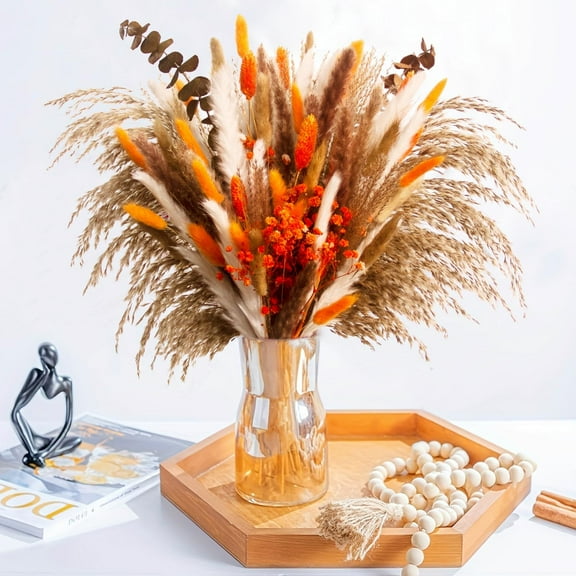 80pcs Dried Pampas Grass Bouquet Rustic Boho Floral Arrangement with Orange Accents Fall Wedding and Home Decor for Living Room Bedroom Office,Fall Decor for Home(17inch)