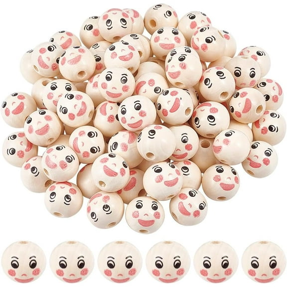 80pcs Face Wooden Beads 19mm Round Wooden Beads with 45mm Hole for DIY Jewelry & Crafts