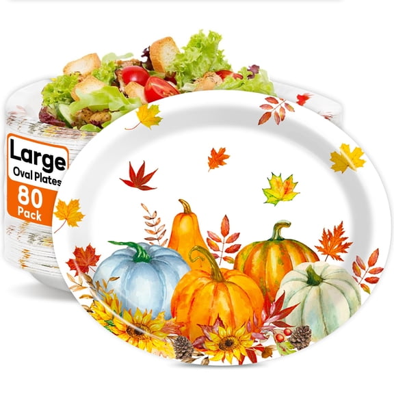 80pcs Fall Thanksgiving Oval Paper Plates 11 Inch Heavy Duty Dinner Platters Gold Foil Autumn Leaf Party Supplies
