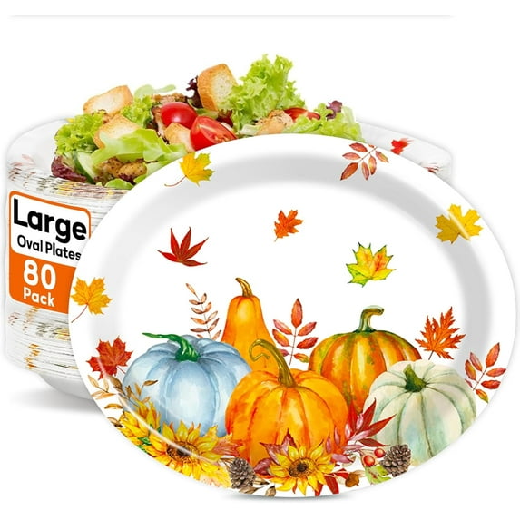 80pcs Fall Thanksgiving Oval Paper Plates Heavy Duty Thanksgiving Platters and Trays 11 inch Dinner Plates Autumn Dessert Platters Gold Foil Fall Maple Leaf for Carnival Picnic Party Supplies Decor