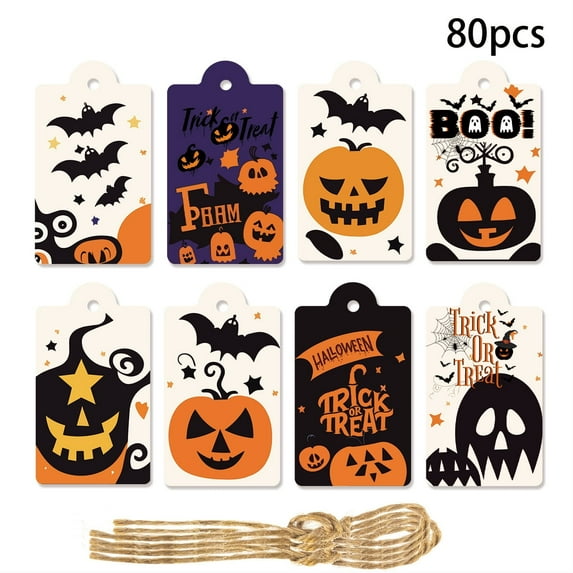 80pcs Halloween Tags with String Halloween Trick or Treat Spooky Goodie Candy Ghost Tag Happy Boo Day Hanging Gift Label