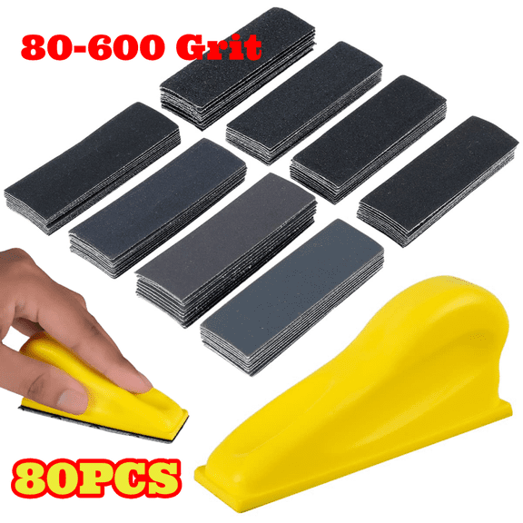 80pcs Hand Sander Kit, 3.5” x 1” Micro Sander Finger Sander for Narrow Spaces, 80 - 600 Grit Wet Dry Sandpaper for Crafts, Metal, Wood Projects
