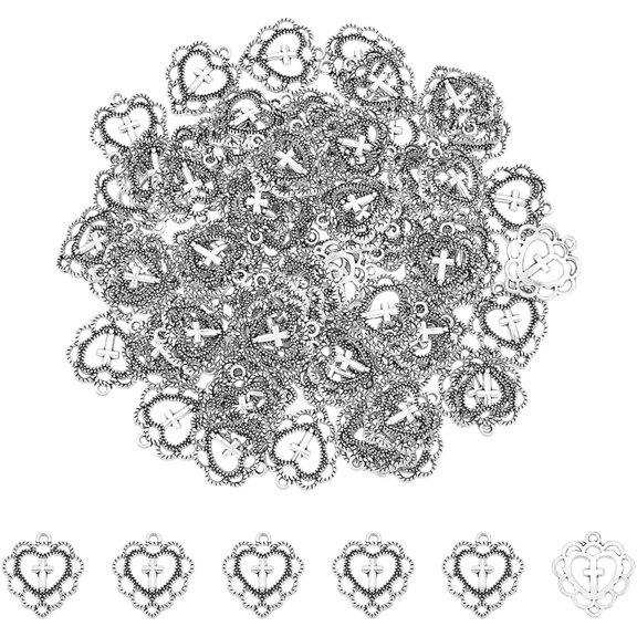 80pcs Heart Cross Charms Tibetan Style Love Heart Pendant Antique Silver Vintage Cross Heart Charm Easter Crucifix Charm for Keychains Bracelets Jewelry Making and Crafts 21.5x20x3mm