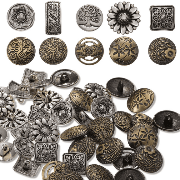 80pcs Metal Buttons Vintage Buttons Antique Silver and Bronze Color Flower Round Buttons for Crafts Sewing DIY Decorations