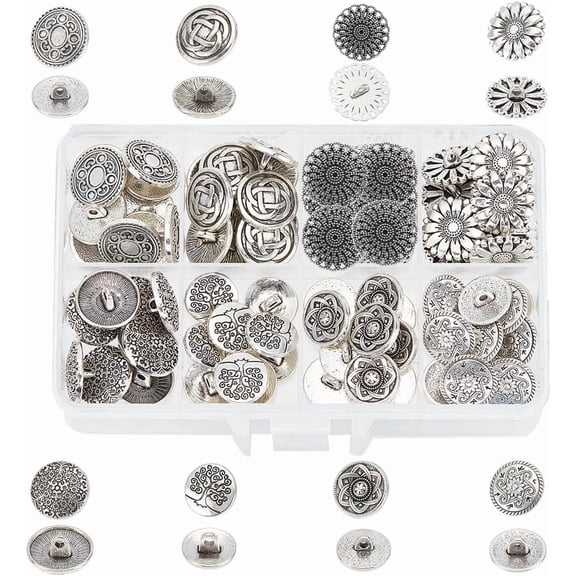 80pcs Metal Shank Buttons 8 Style Engraved Metal Buttons Antique Silver Metal Buttons with Shank Retro Alloy Buttons for Costumes Sewing s Crochet Ornament 2mm 2.5mm Hole