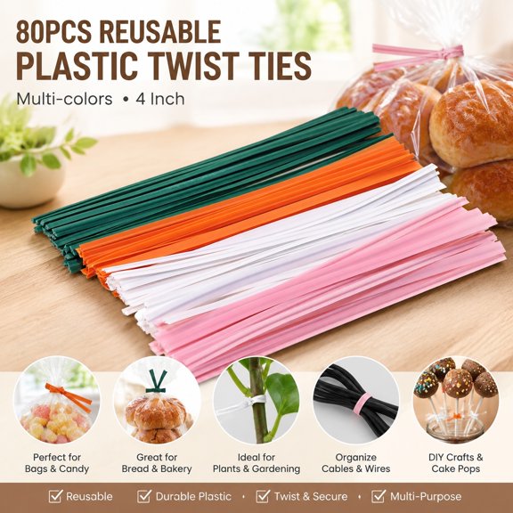 80pcs Multi-Color Plastic Twist Ties Reusable Bread Ties Cake Pop Ties Cable Wire Ties for Bags 4 Inch