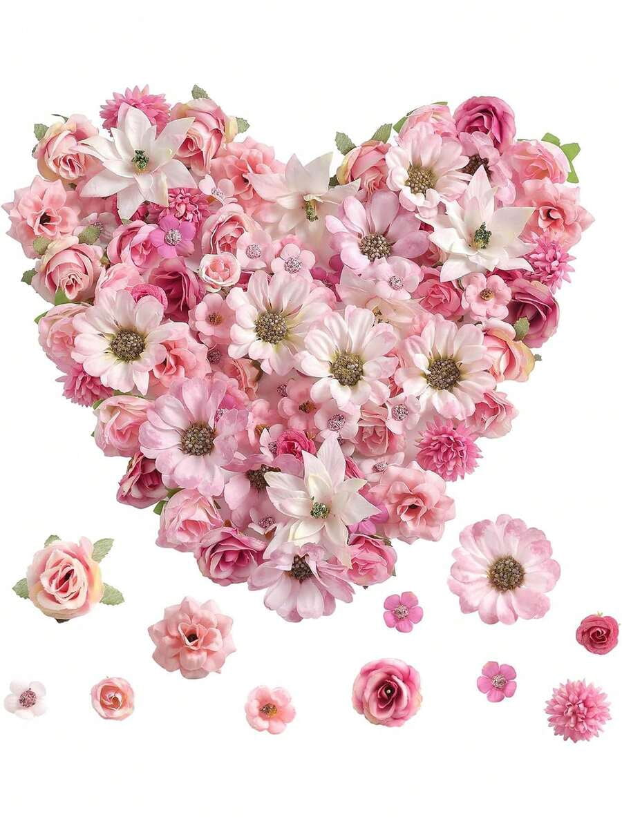80pcs Pink Mini Artificial Flower Heads, Silk Artificial Plum Blossom Heads, Fake Peony Rose Daisy Flower Heads, For DIY Wreath,Cake,Wedding,Party,Graduation, Hat, Shoes,Vase Decor, Autumn Decoration
