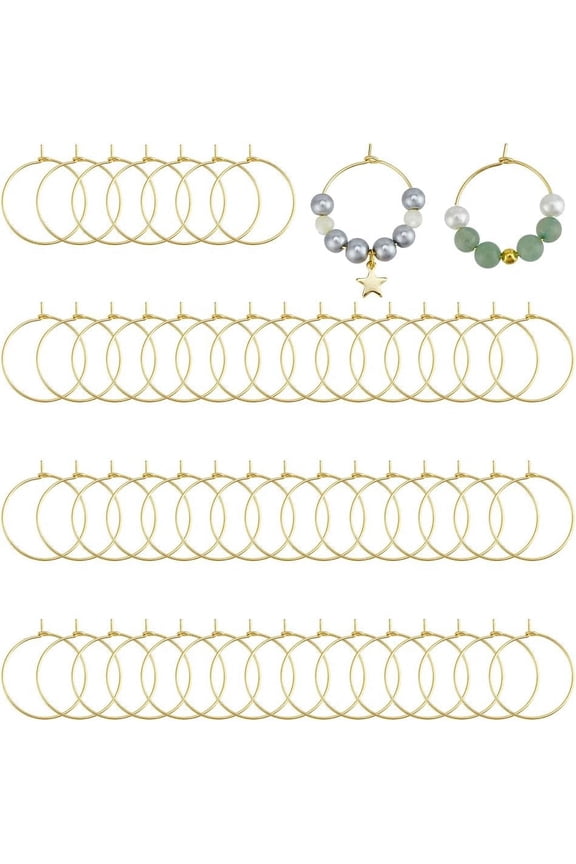 80pcs Real 18K Gold Plated Beading Hoop Earring 25mm Wine Glass Charm Rings 20 Gauge Metal Dangle Earring Rings Round Earring Beading for Jewelry Party Festival Wine Charm Rings Real 18K Gold Plated