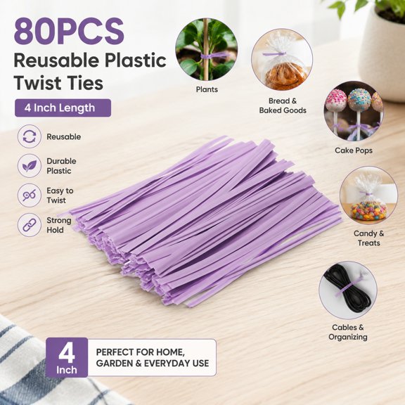 80pcs Reusable Plastic Twist Ties 4 Inch Cable Ties Bread Ties Plant Ties Candy Ties for Bags, Purple