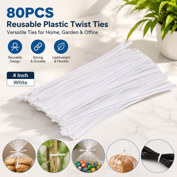 80pcs Reusable Plastic Twist Ties 4 Inch for Plants, Bread, Cable, Candy, Cake Pops, and Bags - White