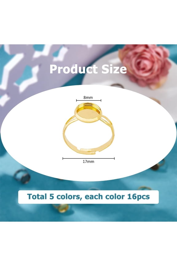 80pcs Ring Base Blank Rings 5 Colors Metal Finger Blanks Ring 17mm Adjustable Ring Base Blank with 8mm Flat Base Cabochon for DIY Cabochon Rings Jewelry Findings