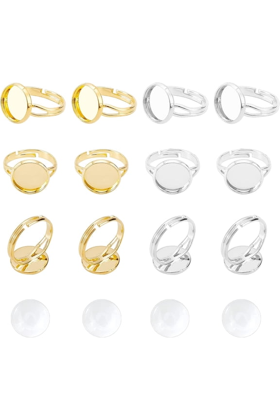 80pcs Ring Making Kit 40pcs Adjustable Ring Bases 2 Colors Flat 12mm Ring Base Blank Rings with 40pcs 12mm Round Clear Glass Cabochons for DIY Ring Making Repairing Golden Silver