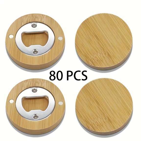 80pcs Round Bamboo Bottle Opener, Refrigerator DIY Magnetic Bamboo Blank Bottle Opener, Fridge Magnet Wedding Favors For Guests, Beer Opener For Home Kitchen Gadgets