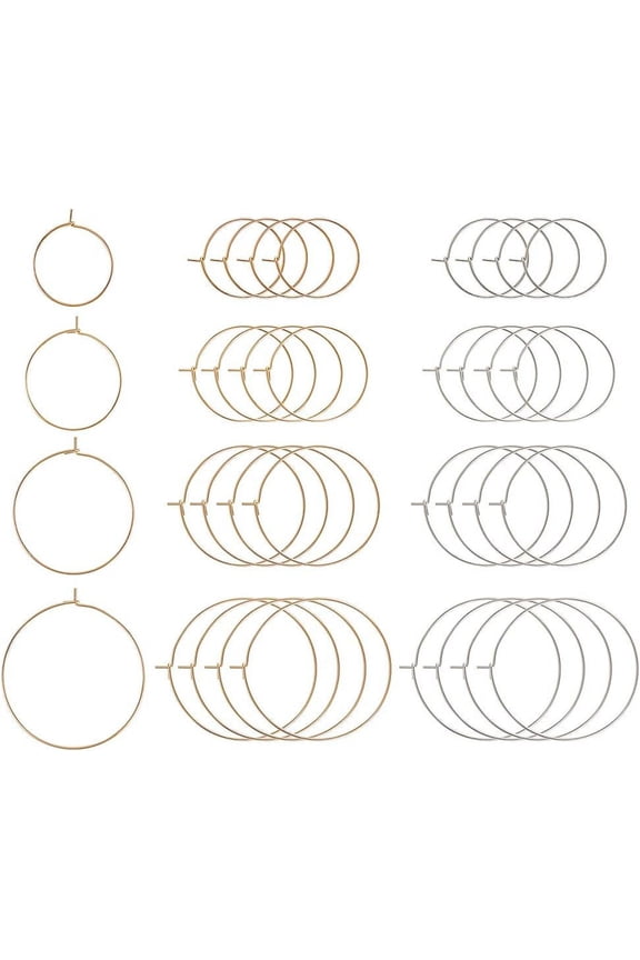 80pcs Round Hoop Earrings 4 Sizes Wine Glass Charm Rings Stainless Steel Wire Hoops Golden Silver Beading Hoop for DIY Craft Earring Jewelry Making Party Favors