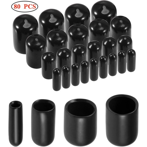 80pcs Round Rubber End Caps 1/8" 1/4" 3/8" 1/2" Black Vinyl Cover Screw Thread Protectors Assortment Kit(3mm 6mm 9mm 12mm)