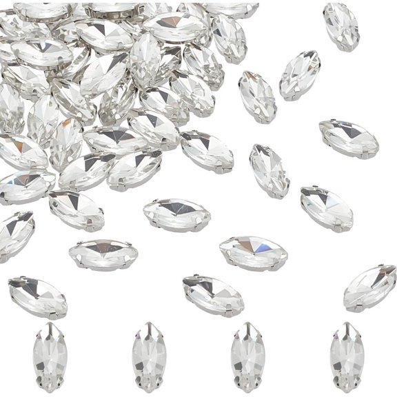 80pcs Sew on Horse Eyes Rhinestone 0.60.20.1inch Flatback Glass Rhinestone Faceted Gems with Silver Claw Sewing