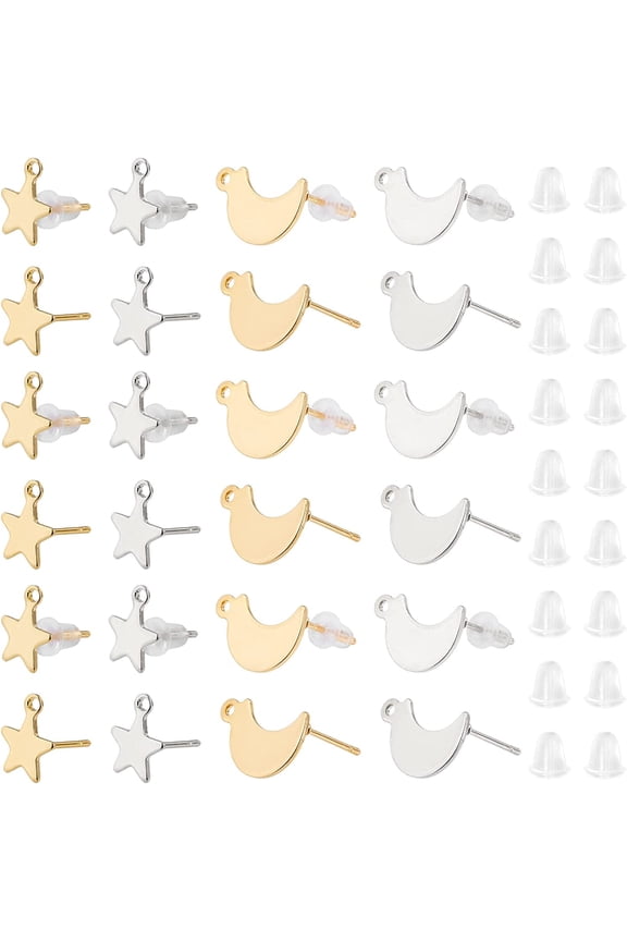 80pcs Star/Moon Stud Earring 2 Colors Hypoallergenic Stud Earring Stainless Steel Earring Component with Ear Nuts for DIY Jewelry Making 0.7mm Pin