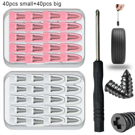 80pcs Tire Repair Rubber Nails Kit with 2 Sizes, Tire Repair Kit – Fast Self-Service Tire Repair Tools, Screw in Tire Repair Plugs with Box and Screwdriver, Tire Plugs Kit