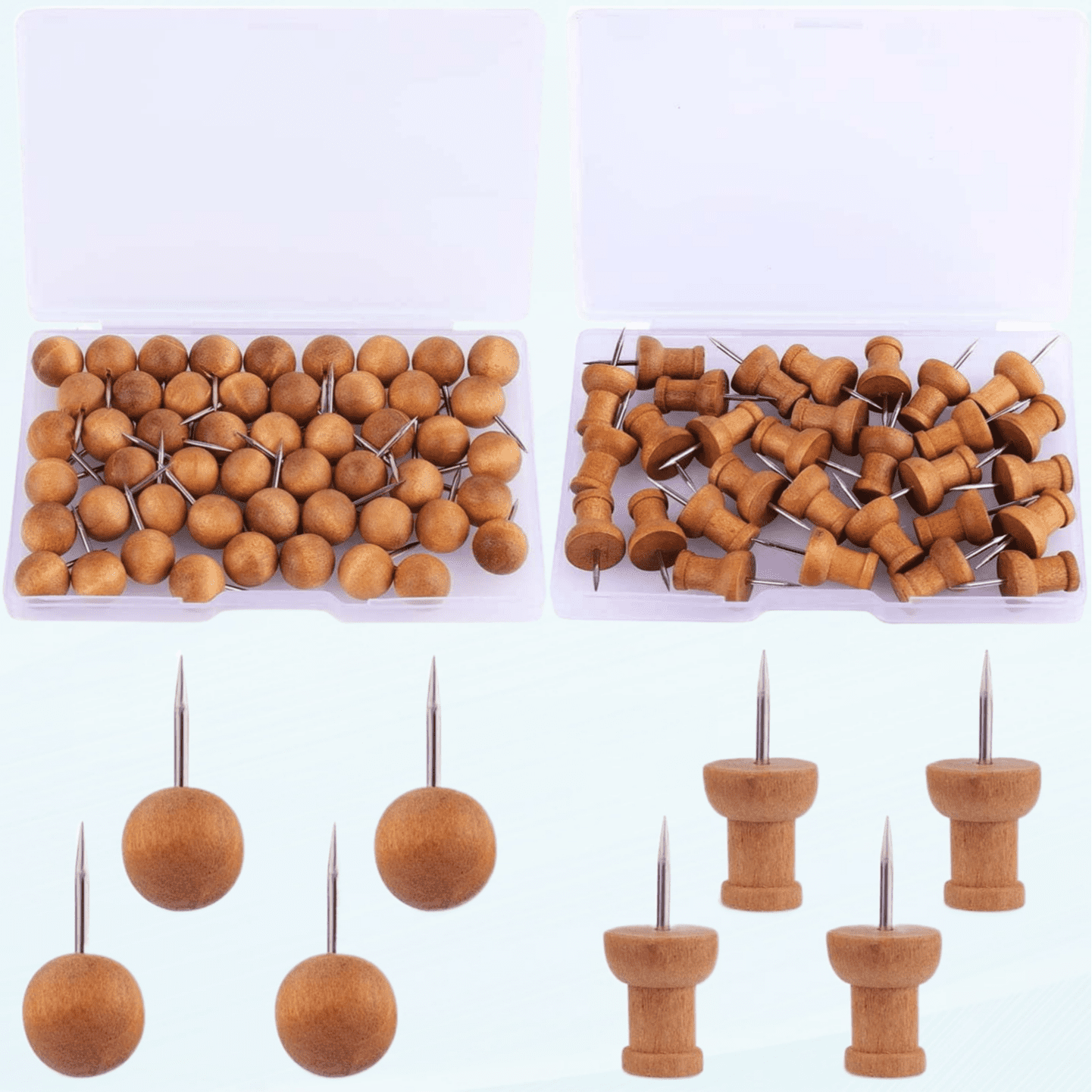 80pcs Wood Push Pins, Wooden Thumb Tacks Round Head Tacks with Steel