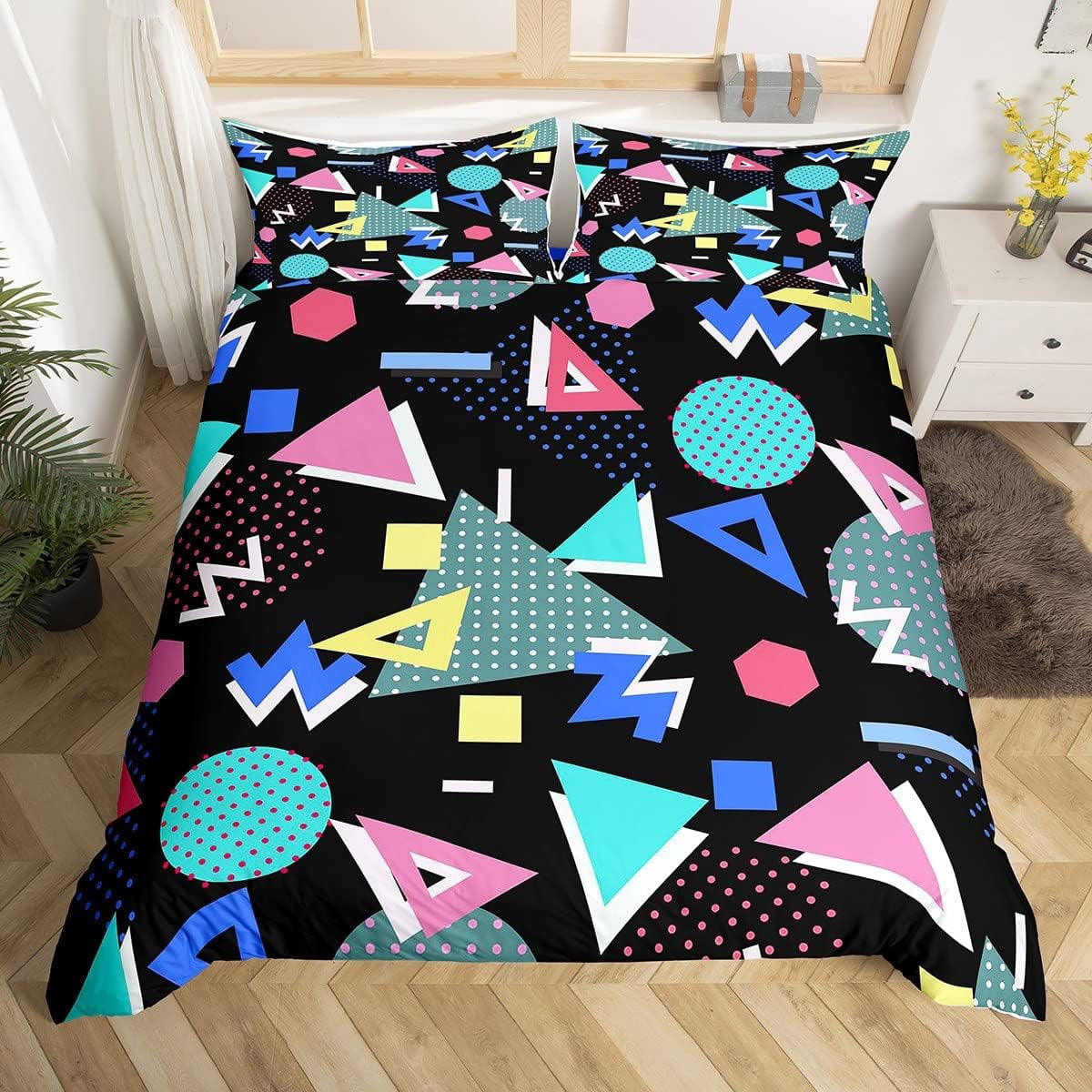 80s 90S Fashion Style Bedding Set King Size,Retro Memphis Style Pattern with Geometrical Shapes