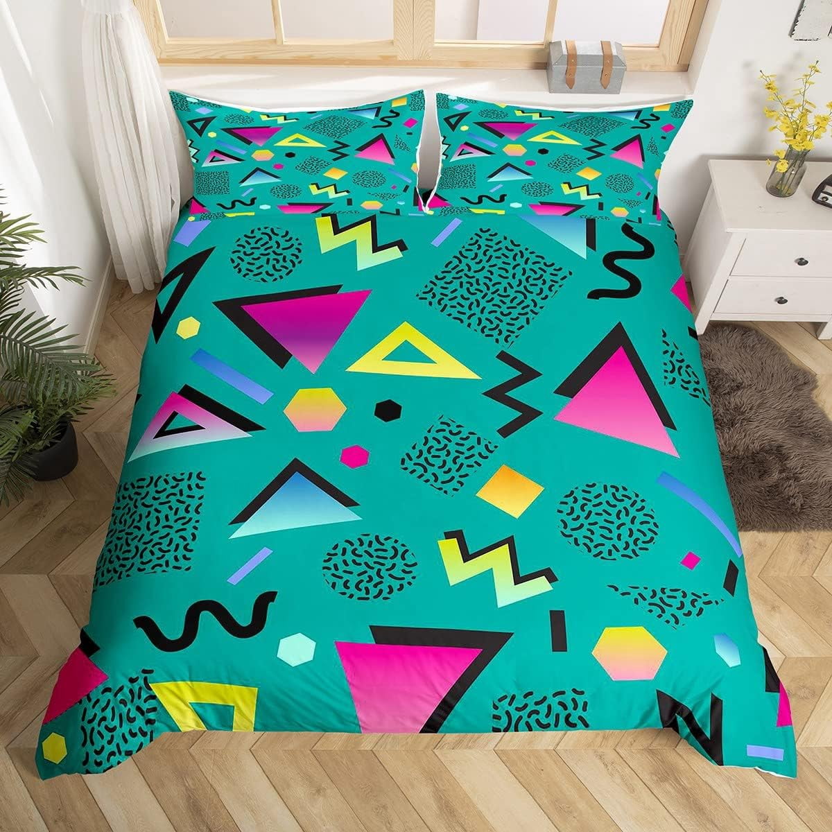 80s 90S Fashion Style Bedding Set Queen Size,Retro Memphis Style