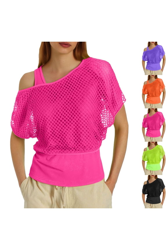 80s 90s 2 Piece Outfit for Women 80's Off Shoulder Fishnet Top 90 s Neon Clothing Casual Trendy Two Piece Sets Going Out Y2K Womens Tops Black L