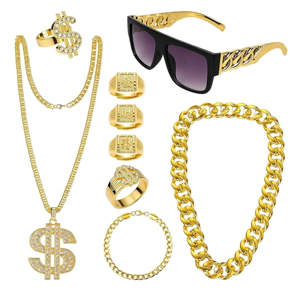 80s 90s Accessories Outfit Hip Hop Costume Kit Faux Gold Rope Chain Bracelet Sign Chain