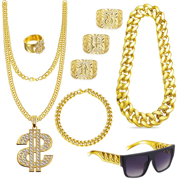 80s 90s Accessories Outfit for Men Hip Hop Costume Kit Old School Rapper Sunglasses Faux Gold Rope Chain Bracelet Dollar Sign Chain Ring