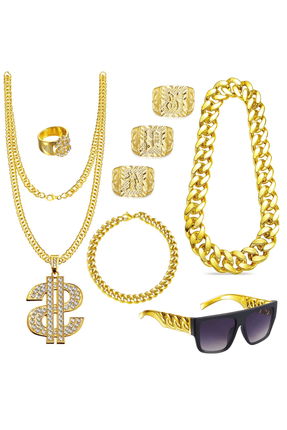 80s 90s Accessories Outfit for Men Hip Hop Costume Kit Old School Rapper Sunglasses Faux Gold Rope Chain Bracelet Dollar Sign Chain Ring