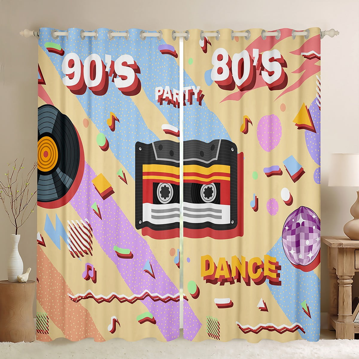 80s 90s Curtains & Drapes 42"Wx84"L Vintage Cassette Tape Vinyl Record ...